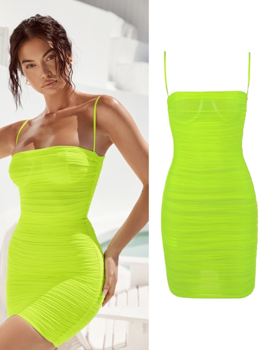 NWT House of CB "ELLA" Neon Green Ruched Organza Mesh Mini Dress – Size Small